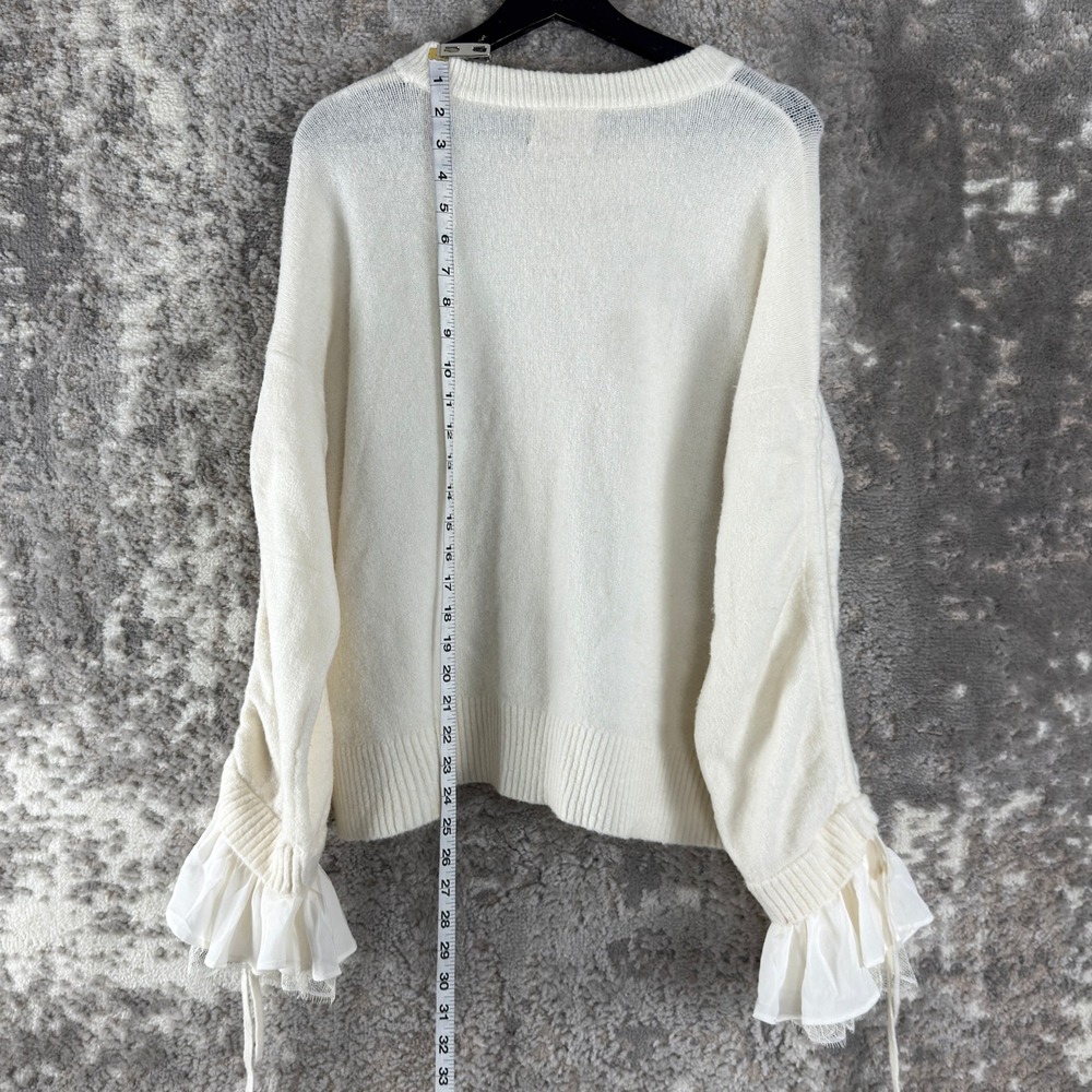 Cinq a Sept Sz M Wool Blend Ruffle Silk Cuff Pullover Sweater Ivory Long Sleeve - Picture 3 of 8